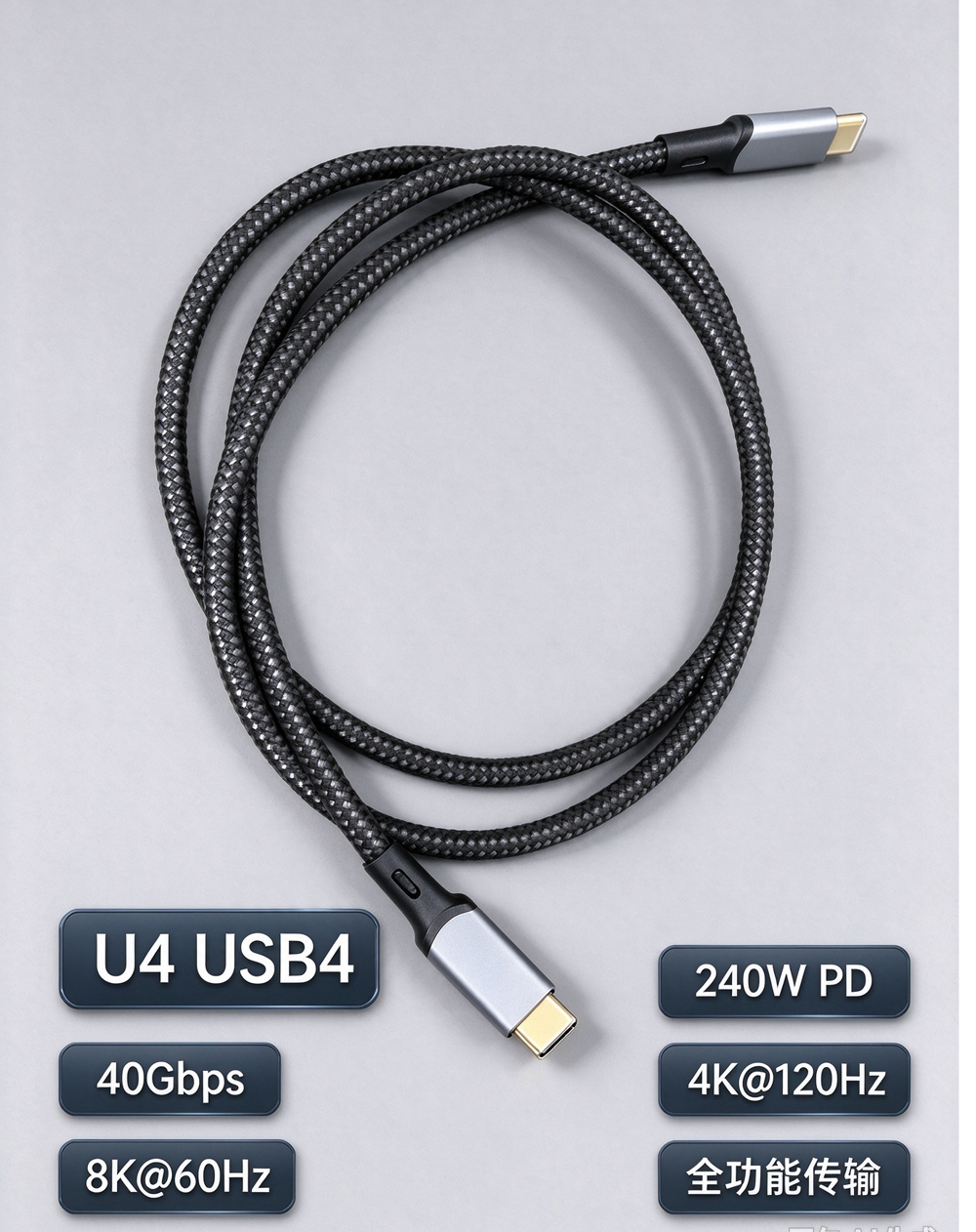 U4 USB4双Type-C编织数据线 40Gbps高速 240W PD快充 8K@60Hz视频传输线